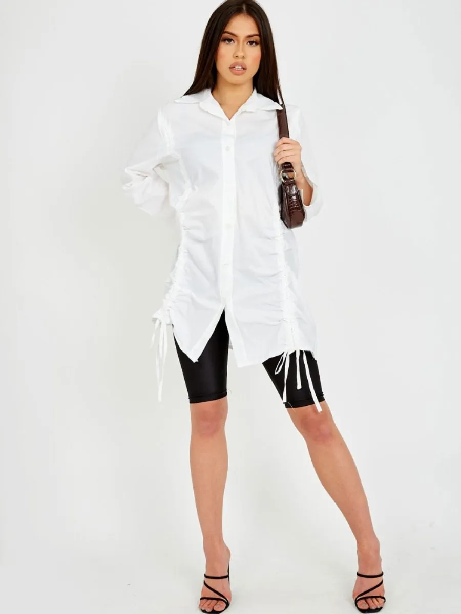 Rachelle Drawstring Ruched Buttoned Shirt Dress In White sold by Vivichi product image thumbnail 5