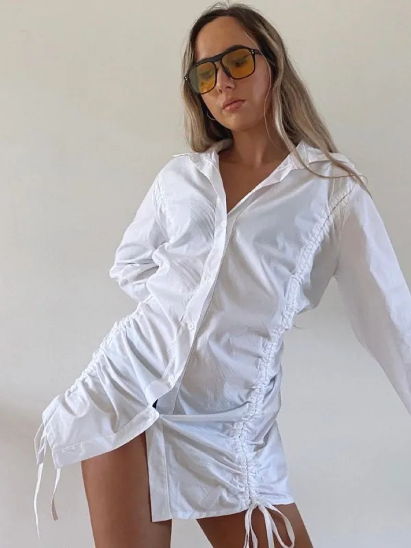 Rachelle Drawstring Ruched Buttoned Shirt Dress In White sold by Vivichi
