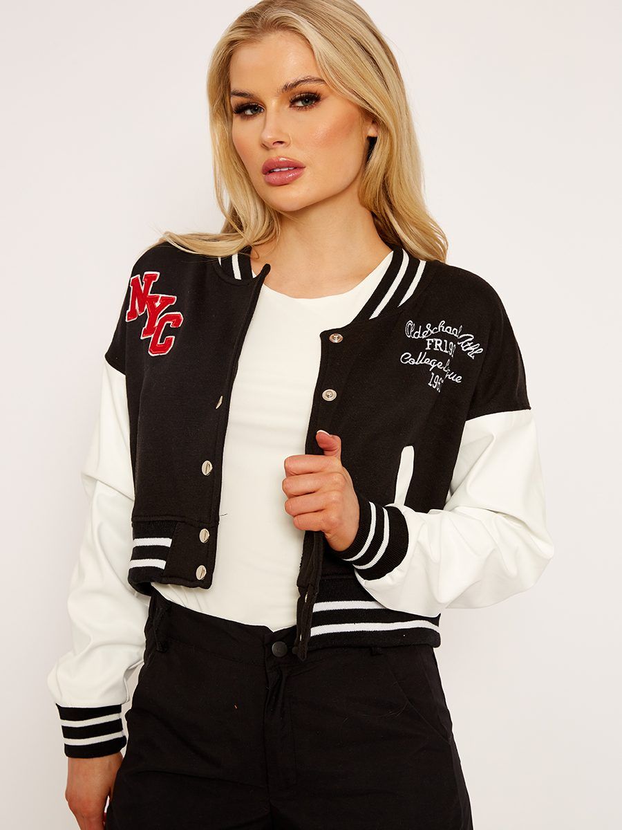 Ewa PU Contrast Sleeve Cropped Varsity Jacket In Black sold by Vivichi product image thumbnail 3