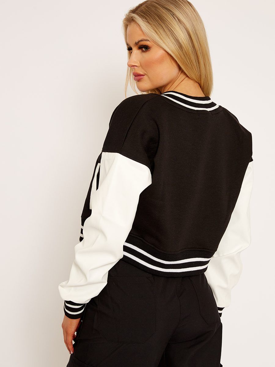 Ewa PU Contrast Sleeve Cropped Varsity Jacket In Black sold by Vivichi product image thumbnail 4