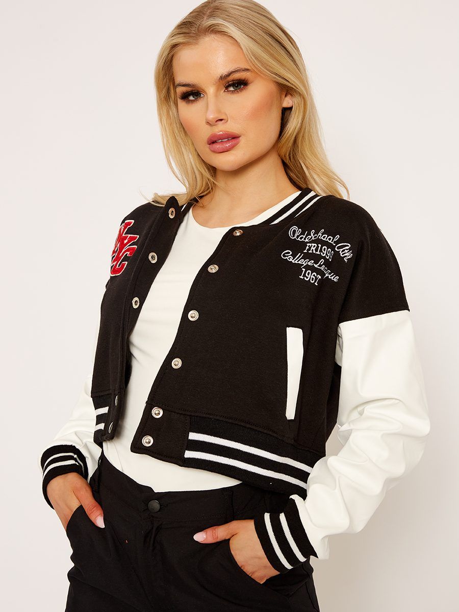 Ewa PU Contrast Sleeve Cropped Varsity Jacket In Black sold by Vivichi