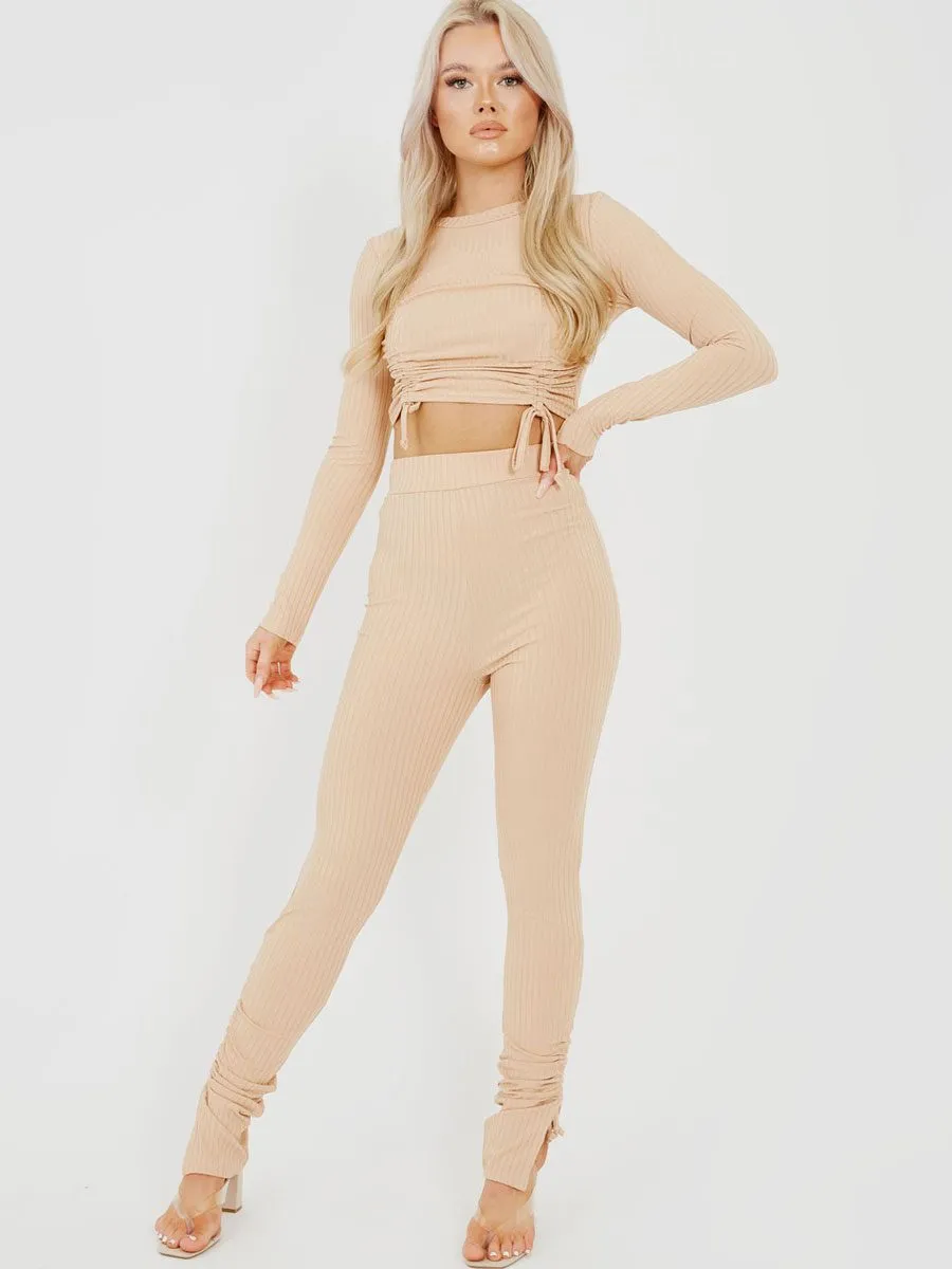 Donna Double Ruched Crop Top & Trouser Ribbed Co-ord In Stone sold by Vivichi product image thumbnail 2