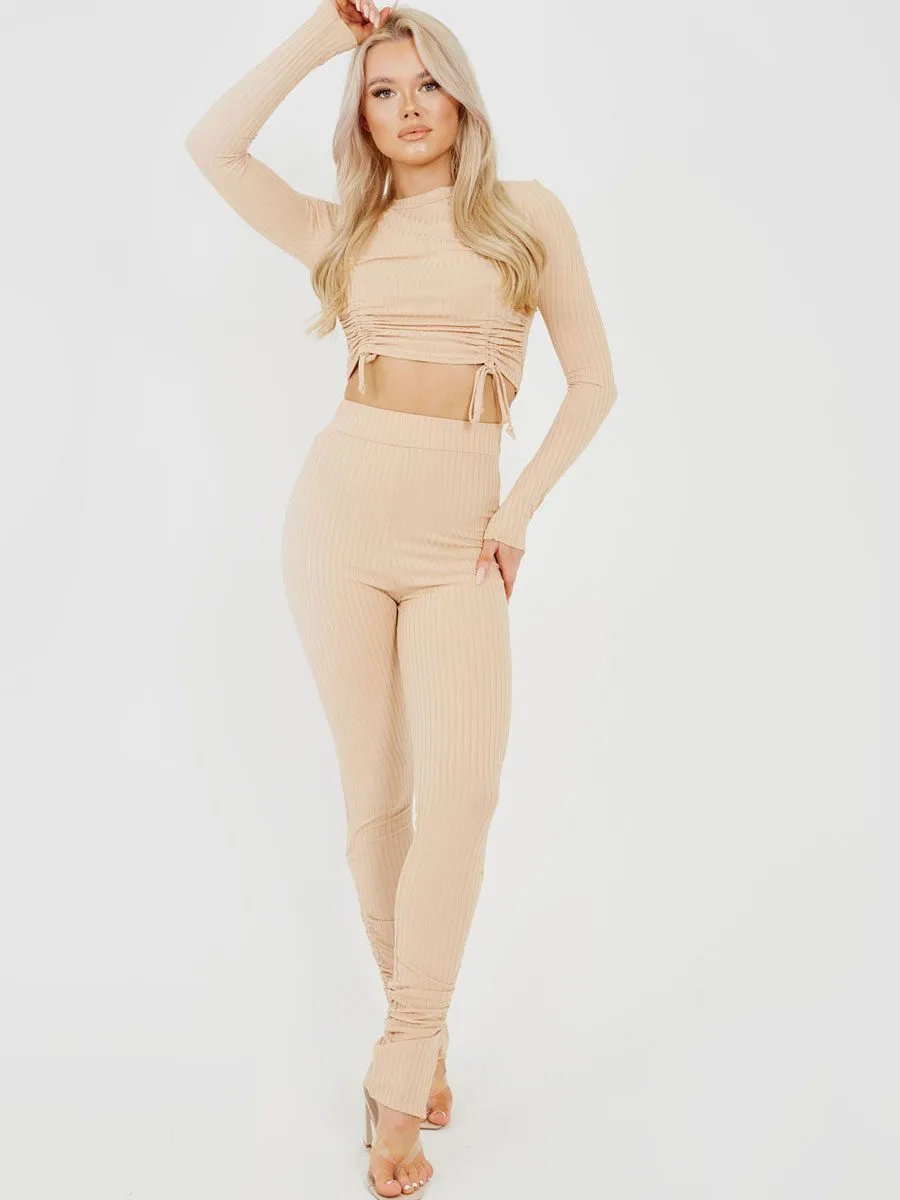 Donna Double Ruched Crop Top & Trouser Ribbed Co-ord In Stone sold by Vivichi