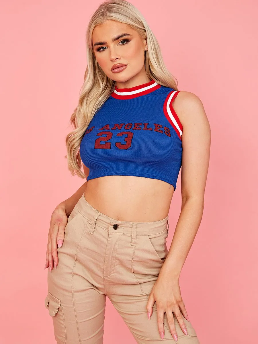 Tessa Los Angeles 23 Graphic Contrast Trim Tank Top In Royal sold by Vivichi