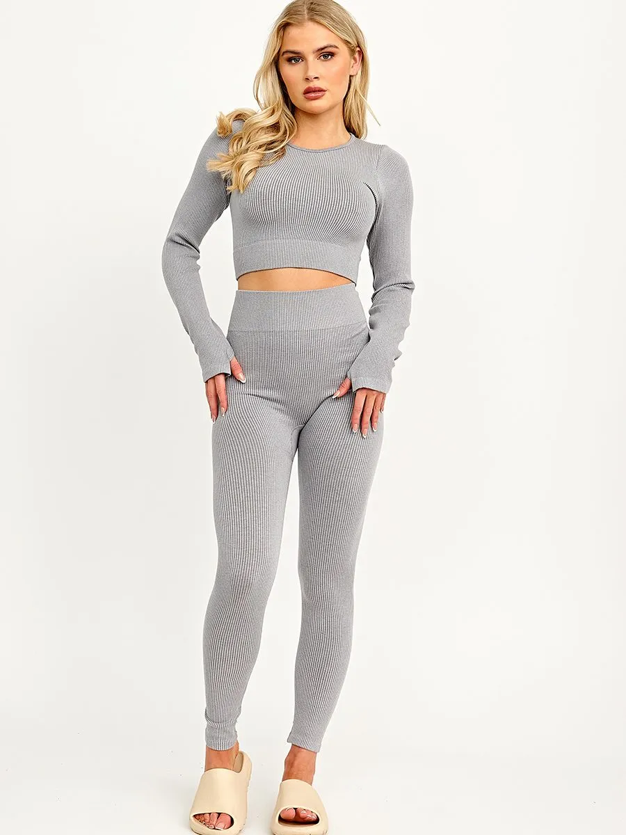 Daya Long Sleeves Ribbed Crop Top & Leggings Co-ord In Grey sold by Vivichi product image thumbnail 2