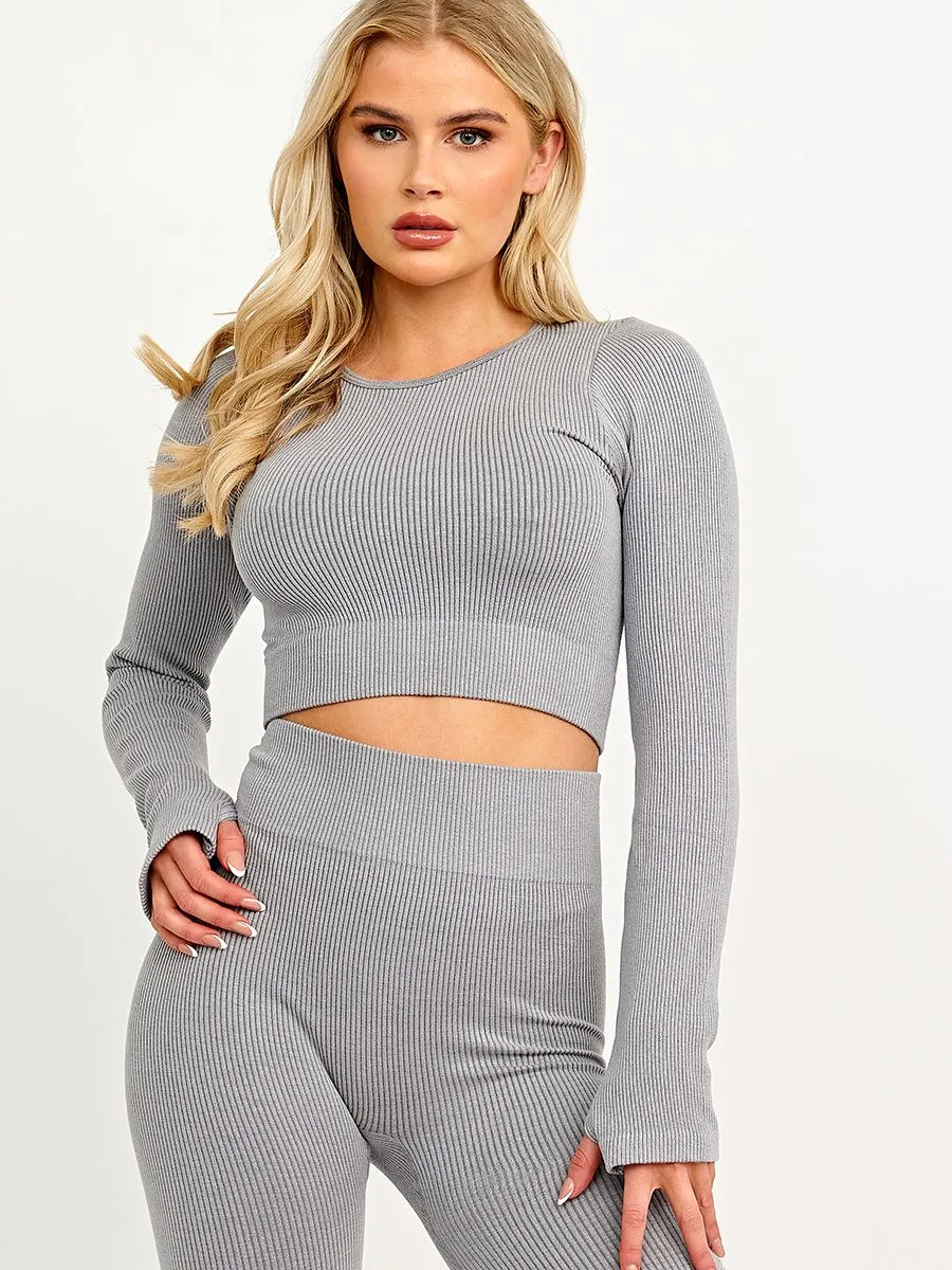 Daya Long Sleeves Ribbed Crop Top & Leggings Co-ord In Grey sold by Vivichi product image thumbnail 3