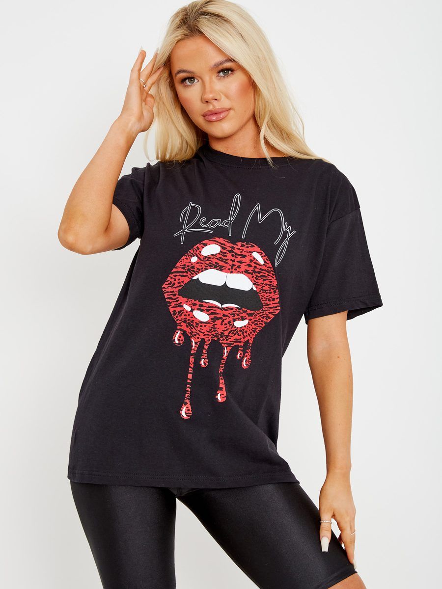 Dewni Read My Lips Graphic Printed T-Shirt In Black sold by Vivichi