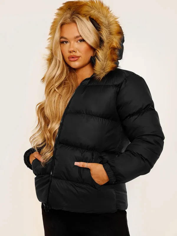 Vickie Faux Fur Trim Hood Padded Puffer Jacket In Black sold by Vivichi