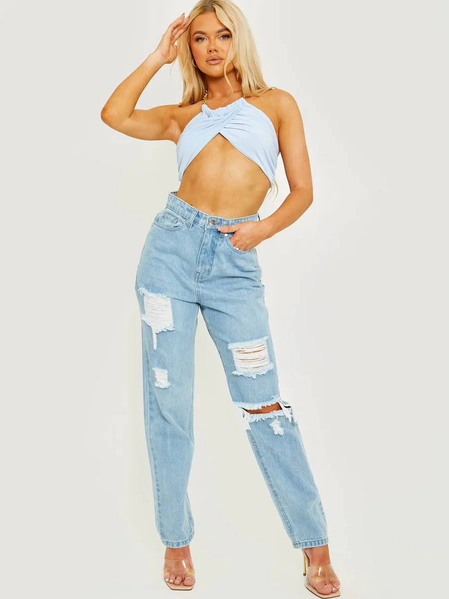 Simona Gold Chain Halter Crop Top In Blue sold by Vivichi