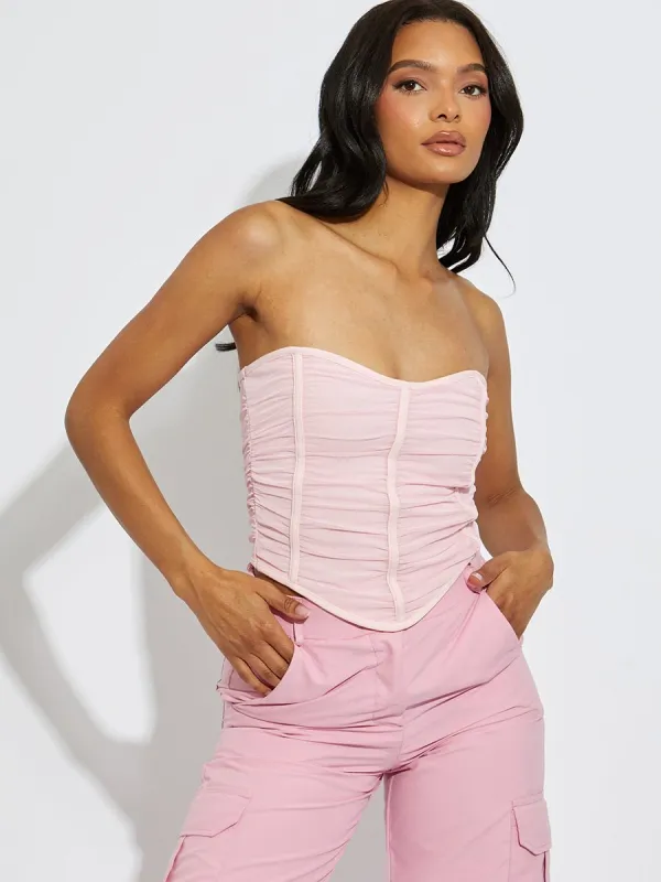 Layla Ruched Mesh Bandeau Corset Crop Top In Pink made by Vivichi