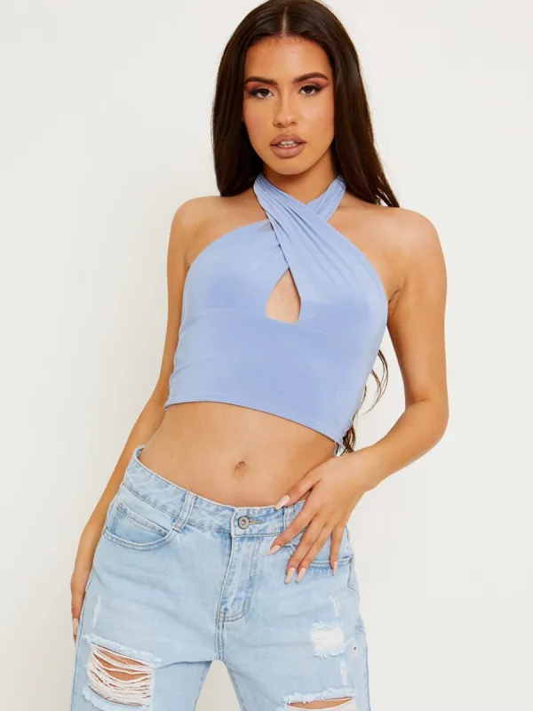Morgane Halterneck Tie-Knot Slinky Crop Top In Blue sold by Vivichi