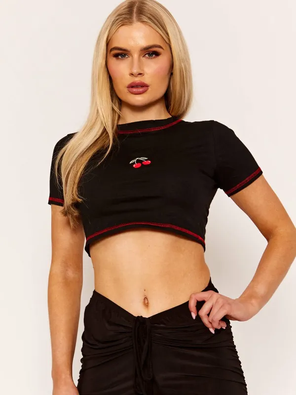 Mady Stitch Detail Embroidered Cherry Crop Top In Black sold by Vivichi
