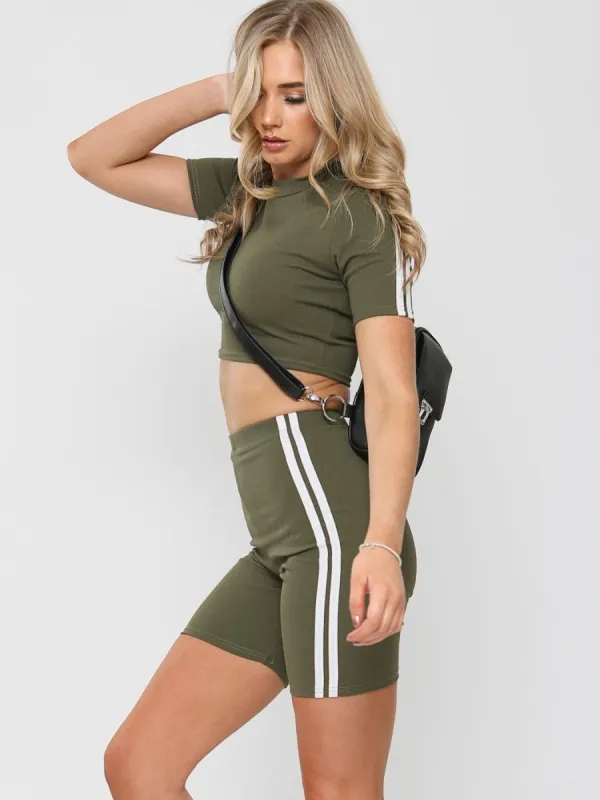 Ally Side Stripe Crop Top & Shorts Co-ord In Khaki sold by Vivichi