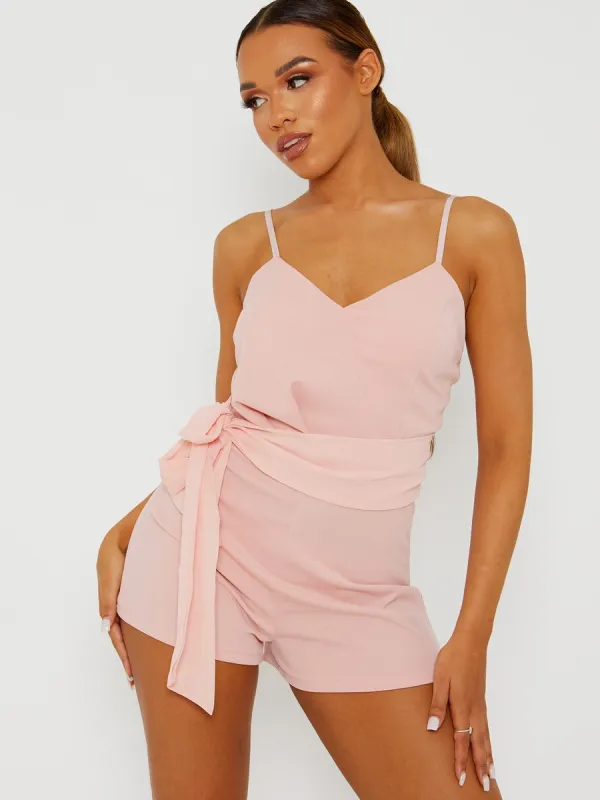 Lottie Pleated Detail Belted Cami Playsuit In Pink sold by Vivichi