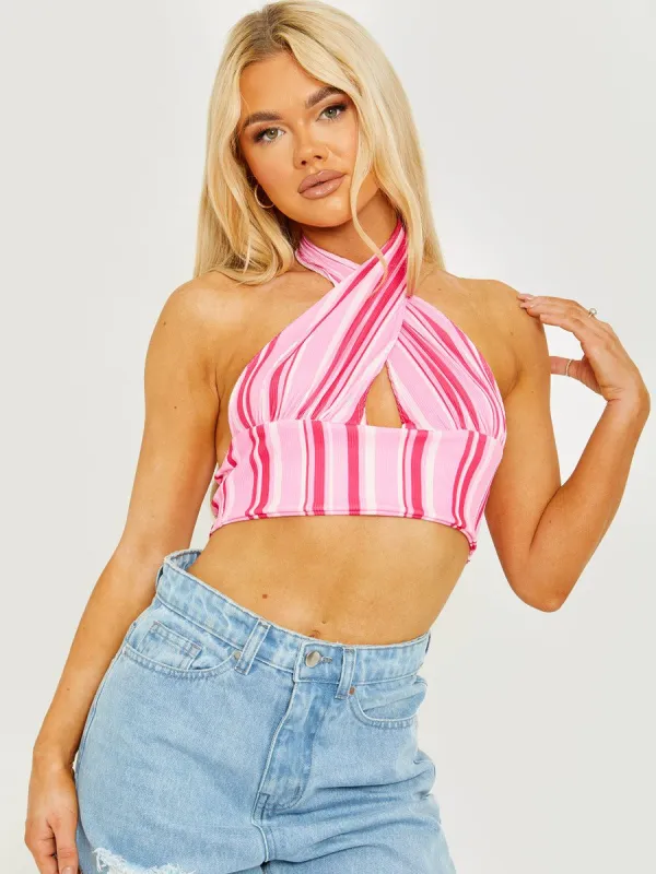 Karol Striped Ribbed Halter Crop Top In Pink sold by Vivichi