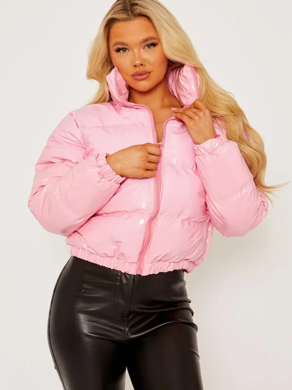 Emilia PVC Leather Cropped Puffer Jacket In Pink sold by Vivichi