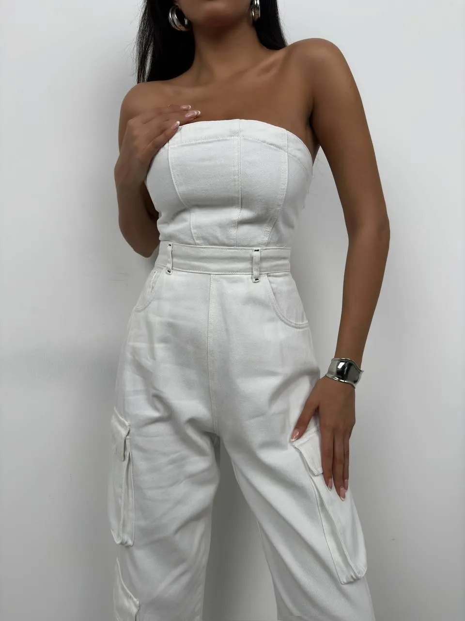 Robin Cargo Pocket Strapless Denim Jumpsuit In White sold by Vivichi product image thumbnail 2
