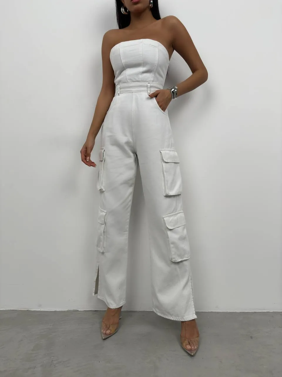 Robin Cargo Pocket Strapless Denim Jumpsuit In White sold by Vivichi product image thumbnail 3