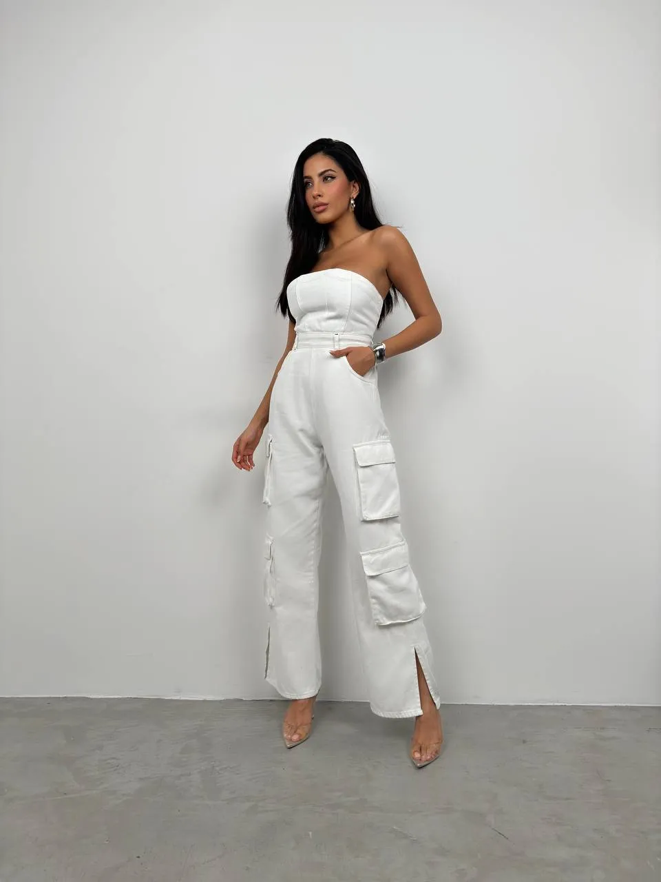 Robin Cargo Pocket Strapless Denim Jumpsuit In White sold by Vivichi product image thumbnail 4