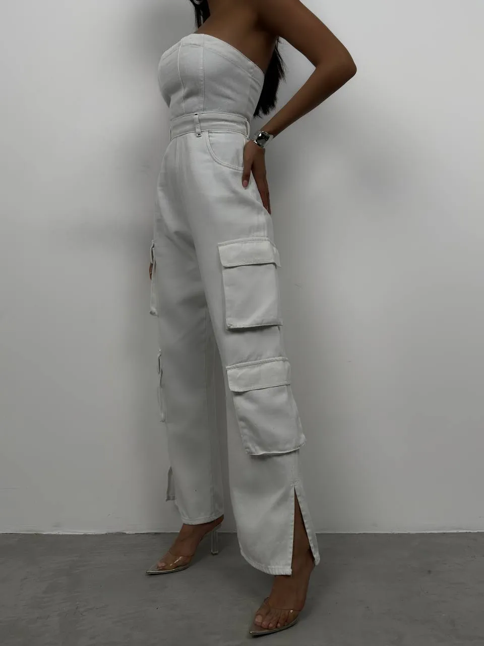Robin Cargo Pocket Strapless Denim Jumpsuit In White sold by Vivichi product image thumbnail 5