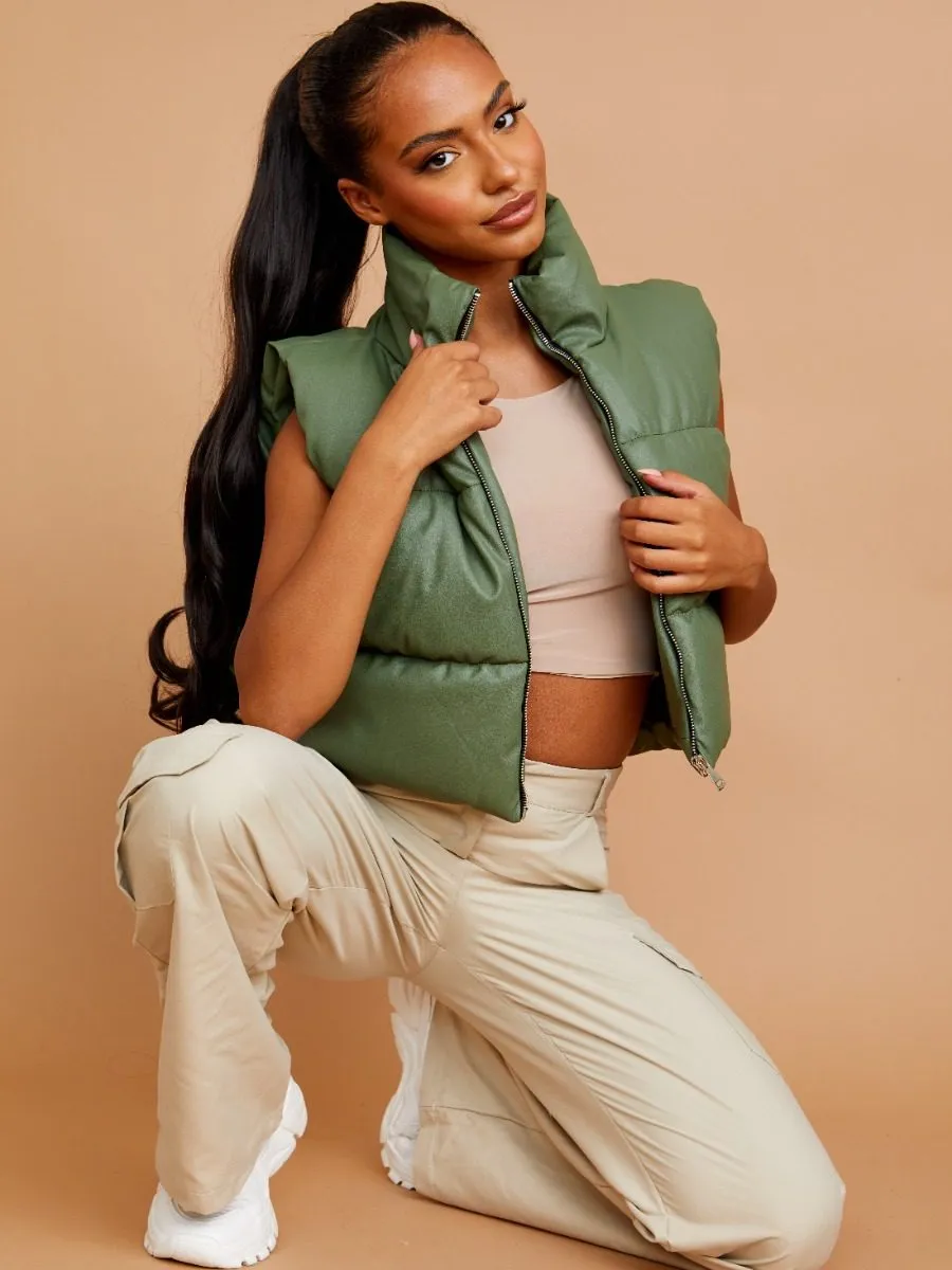 Rony PU Down Fill Padded Cropped Gilet In Olive sold by Vivichi product image thumbnail 4
