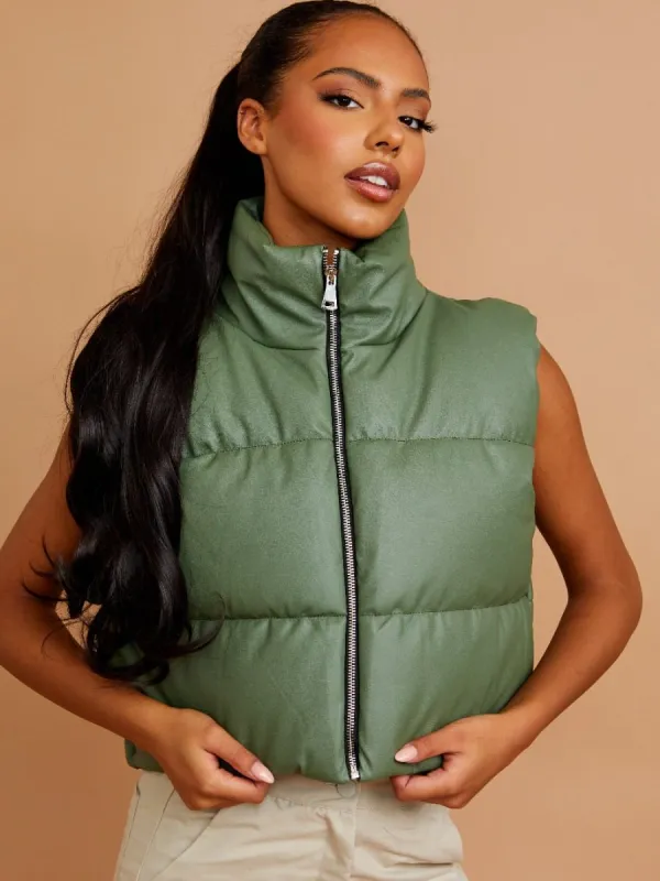 Rony PU Down Fill Padded Cropped Gilet In Olive sold by Vivichi