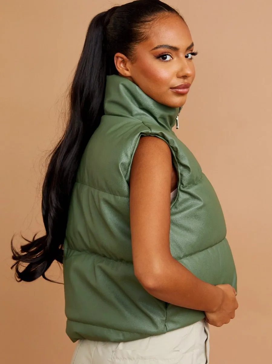 Rony PU Down Fill Padded Cropped Gilet In Olive sold by Vivichi product image thumbnail 2