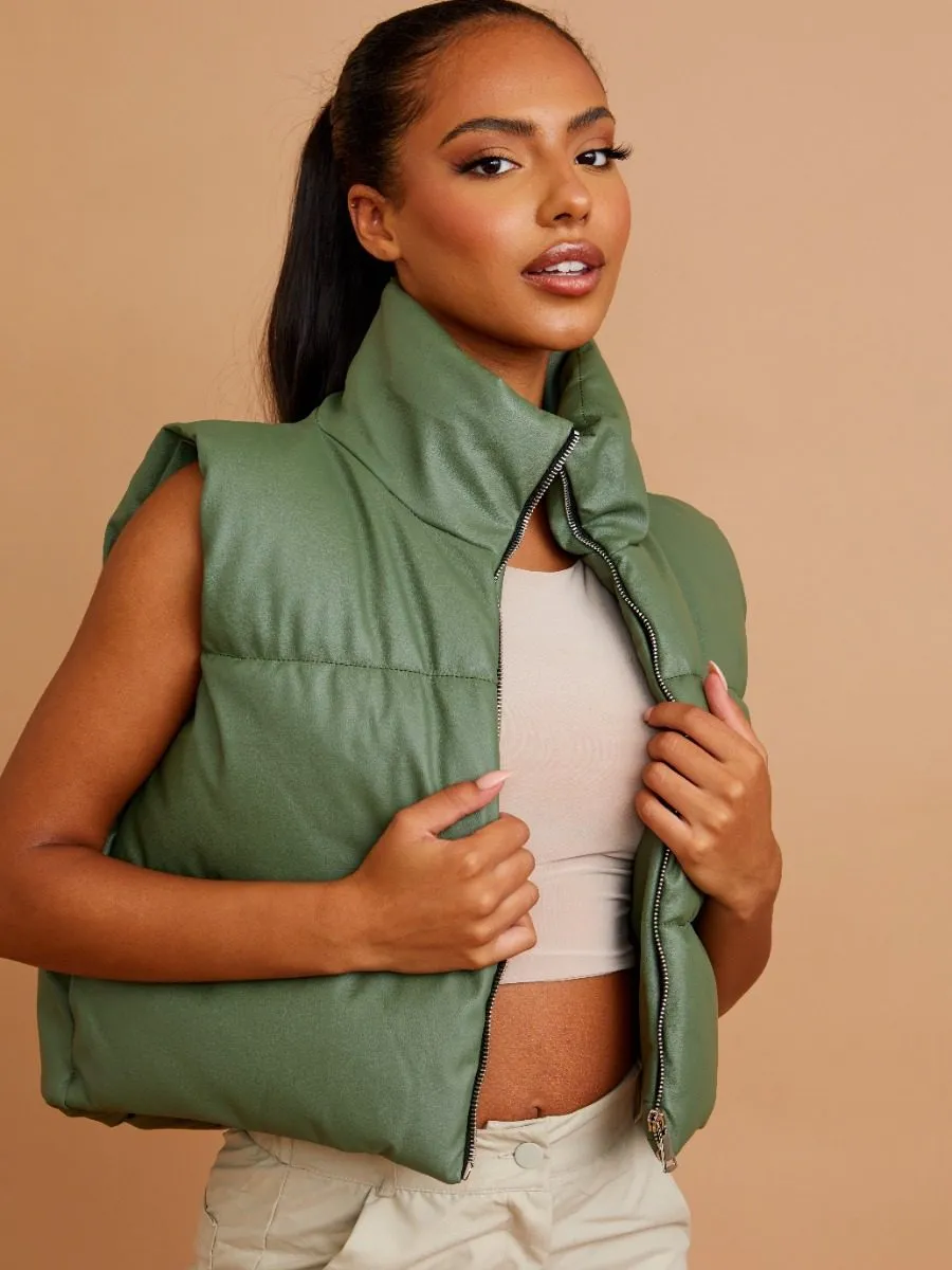 Rony PU Down Fill Padded Cropped Gilet In Olive sold by Vivichi product image thumbnail 3