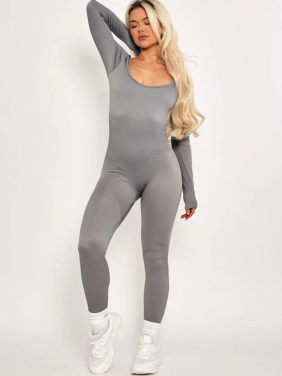 Taylor Long Sleeves Ribbed Basic Jumpsuit In Grey sold by Vivichi