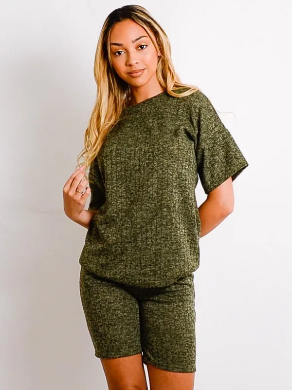 Melange Knit Oversized T-Shirt & Shorts Co-ord In Khaki sold by Vivichi