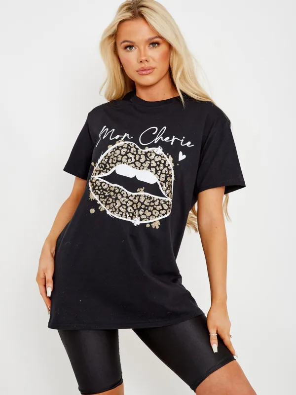 Carol Mon Cherie Lip Graphic Printed T-Shirt In Black sold by Vivichi