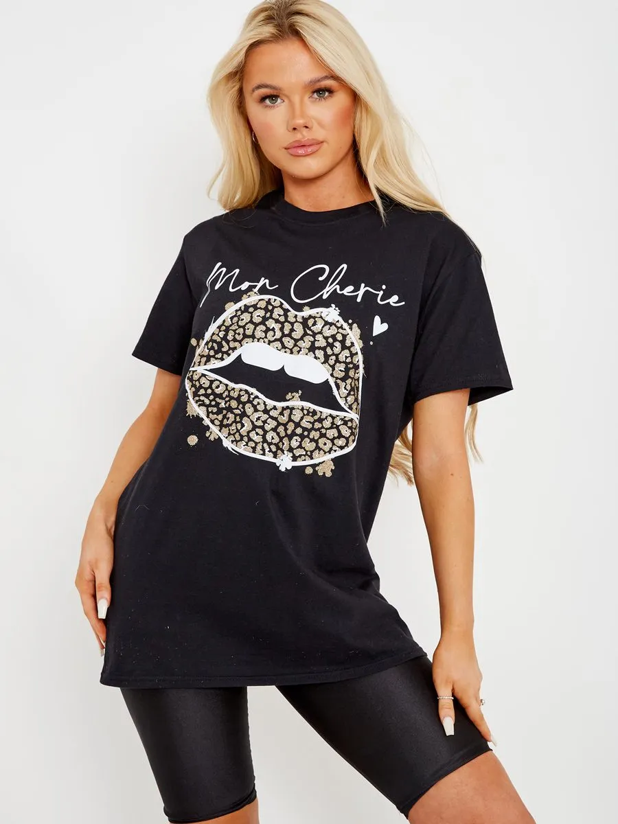 Carol Mon Cherie Lip Graphic Printed T-Shirt In Black sold by Vivichi