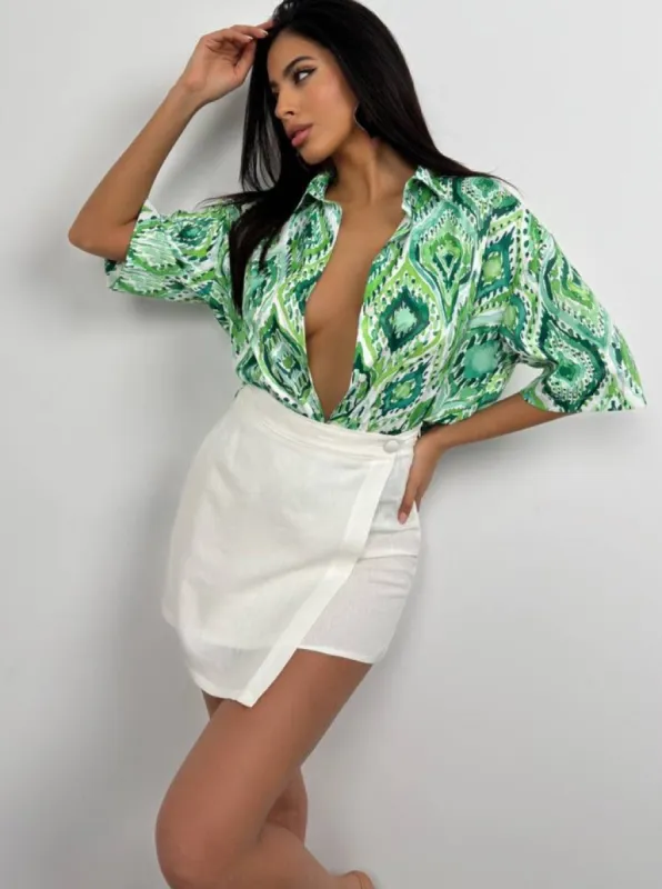 **PRE-ORDER** Harper Patterned Satin Shirt In Green sold by Vivichi