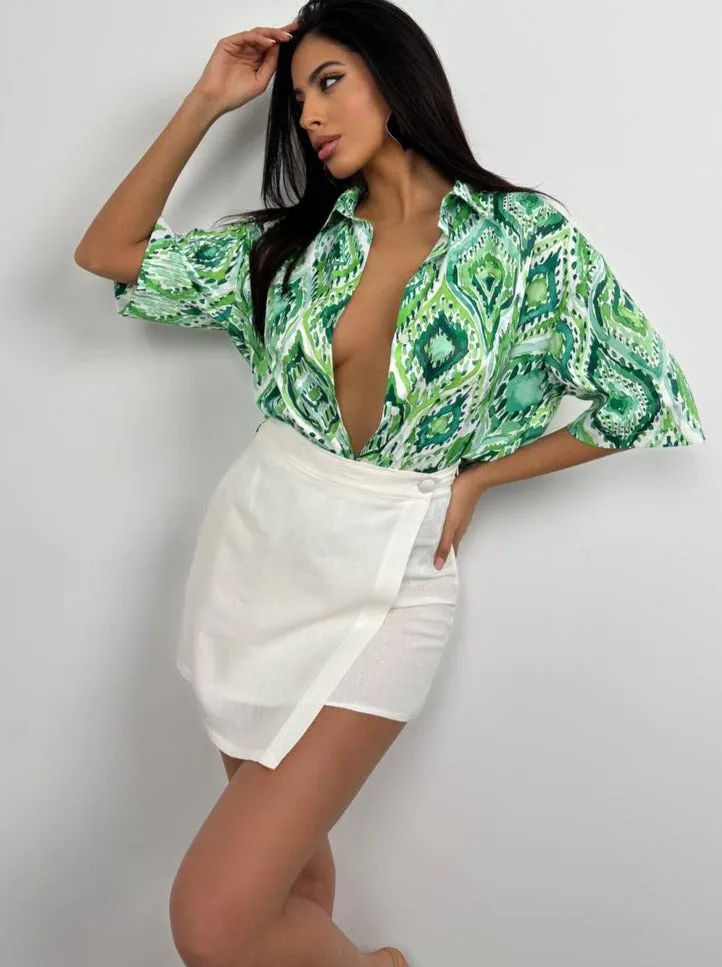 **PRE-ORDER** Harper Patterned Satin Shirt In Green sold by Vivichi