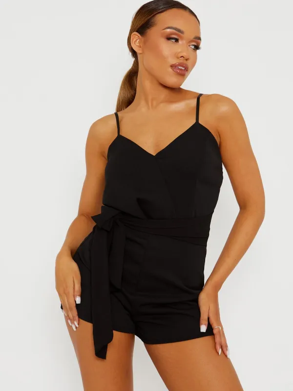 Lottie Pleated Detail Belted Cami Playsuit In Black sold by Vivichi