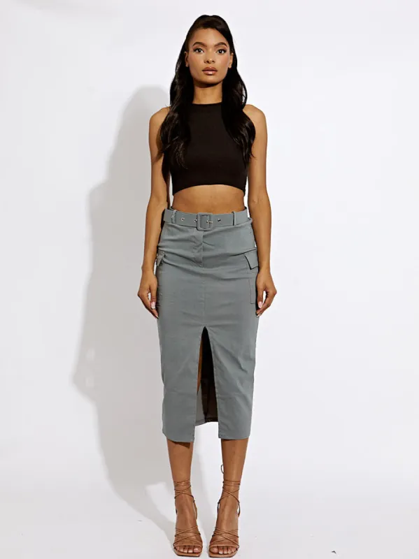 Tasha Slit Cargo Style Midi Skirt With Matching Belt In Grey sold by Vivichi