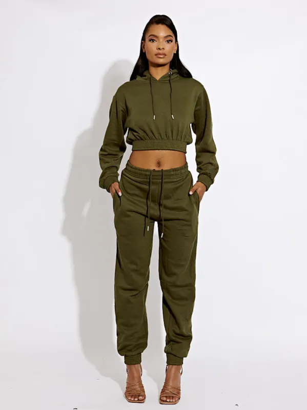 Ciena Cropped Hoodie & Jogger Fleece Co-ord In Olive sold by Vivichi