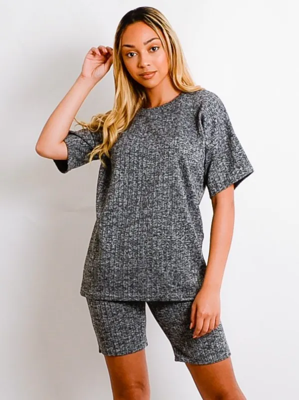 Melange Knit Oversized T-Shirt & Shorts Co-ord In Grey sold by Vivichi