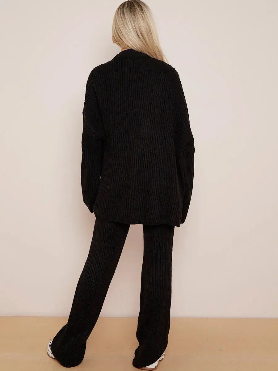 Poppy Knitted Drop Shoulder Buttoned Cardigan & Wide Leg Trouser Co-ord In Black sold by Vivichi product image thumbnail 4