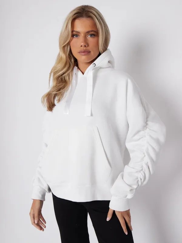 Lorna Ribbon Drawstring Ruched Sleeves Fleeced Hoodie In Cream sold by Vivichi