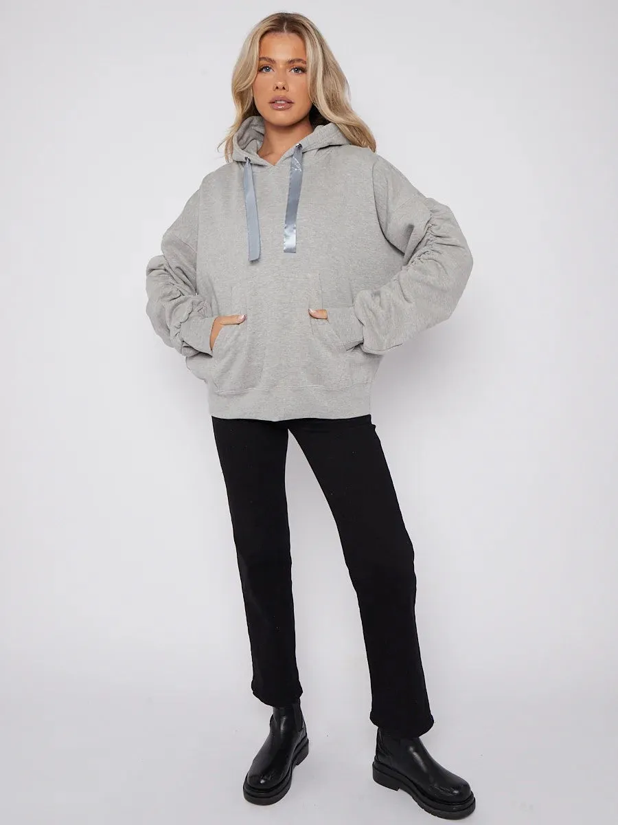 Lorna Ribbon Drawstring Ruched Sleeves Fleeced Hoodie In Grey sold by Vivichi