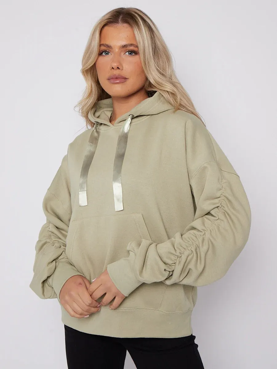 Lorna Ribbon Drawstring Ruched Sleeves Fleeced Hoodie In Sage Green sold by Vivichi
