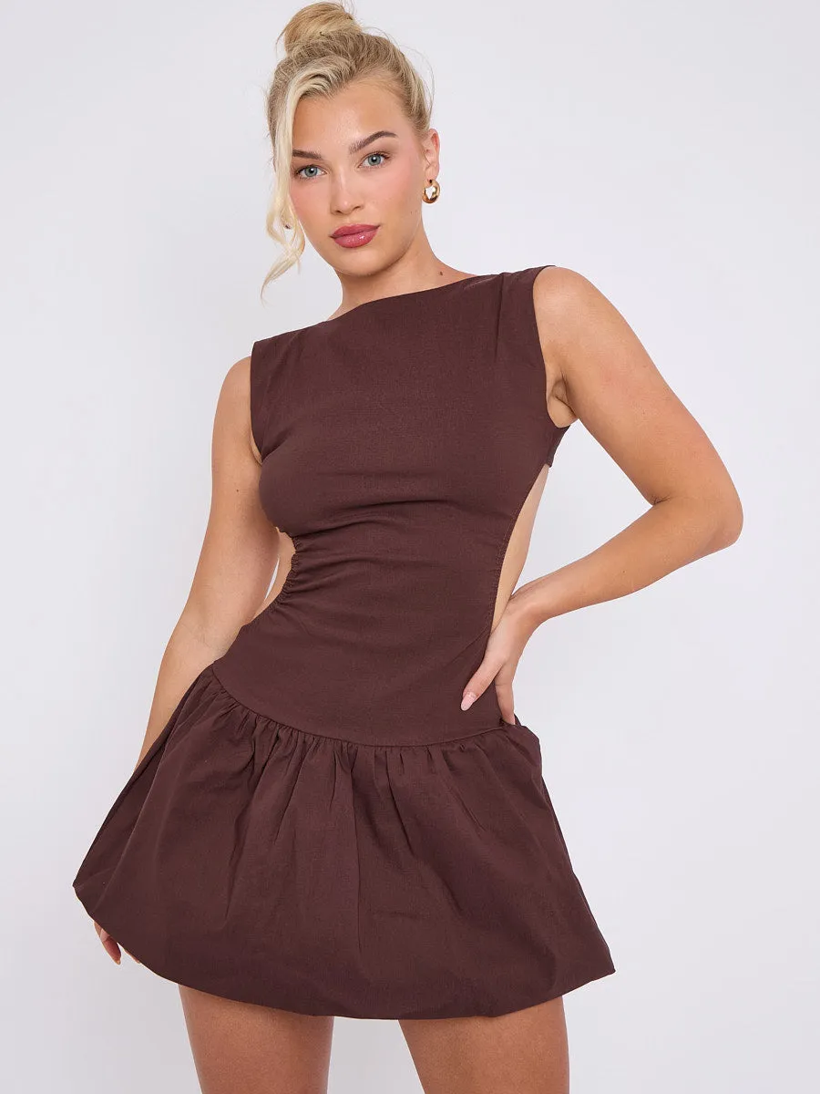 Lesley Cut Out Detail Balloon Dress In Dark Chocolate sold by Vivichi