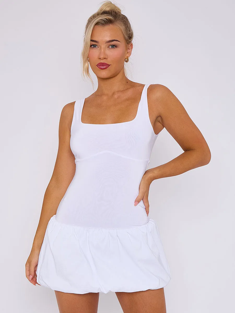 Halsey Square Neck Puffed Hem Mini Balloon Dress In White sold by Vivichi