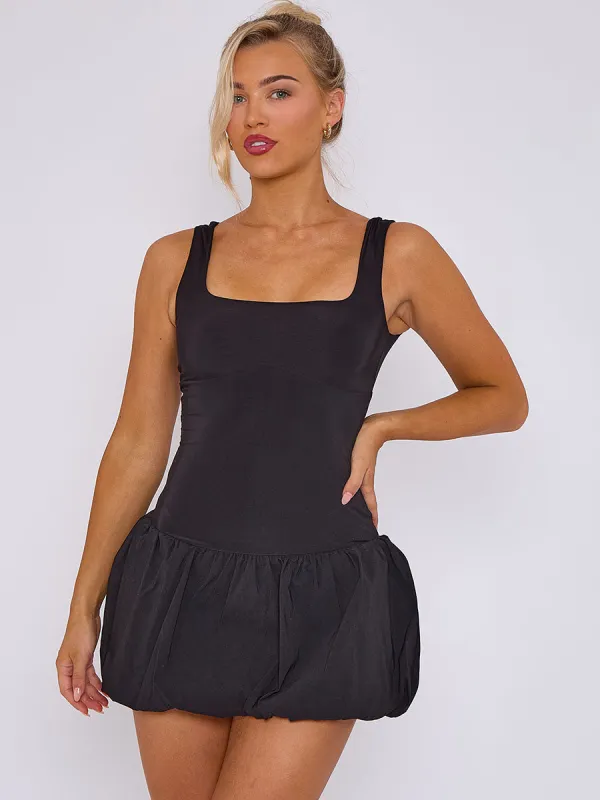 Halsey Square Neck Puffed Hem Mini Balloon Dress In Black sold by Vivichi