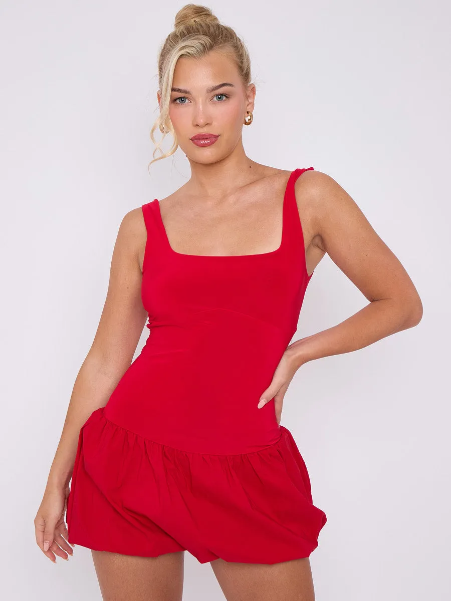 Halsey Square Neck Puffed Hem Mini Balloon Dress In Red sold by Vivichi