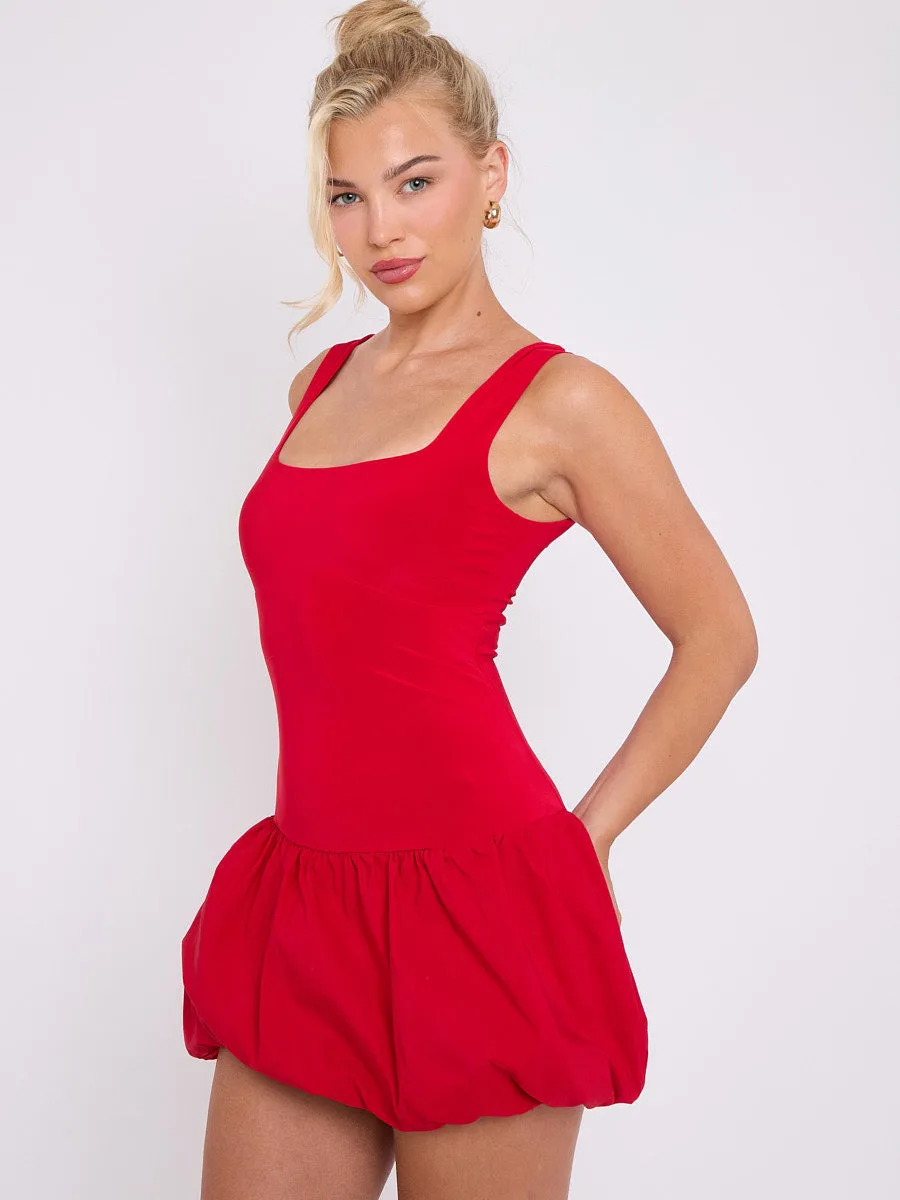 Halsey Square Neck Puffed Hem Mini Balloon Dress In Red sold by Vivichi product image thumbnail 2