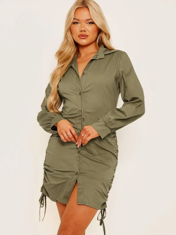 Bobbi Side Ruched Buttoned Shirt Dress In Khaki sold by Vivichi