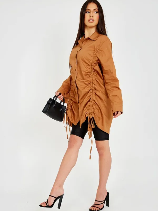 Rachelle Drawstring Ruched Buttoned Shirt Dress In Camel sold by Vivichi
