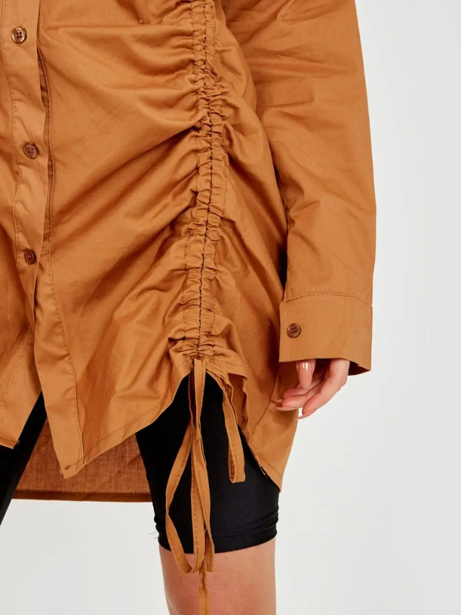 Rachelle Drawstring Ruched Buttoned Shirt Dress In Camel sold by Vivichi product image thumbnail 3